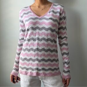 Lacoste Pink V-neck Long Sleeve Cotton Knit - X-Large